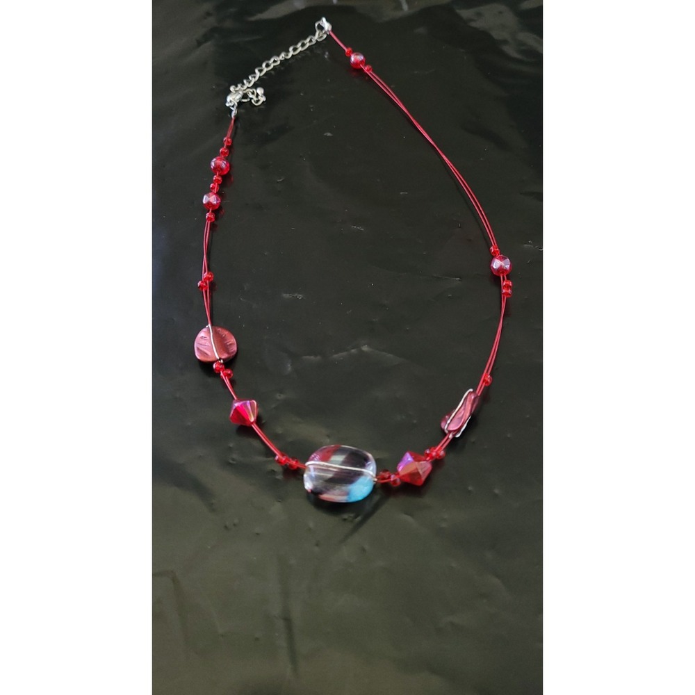 Vintage Red Double Cord Clear Focal Bead Necklace Mod Boho 17in 8g